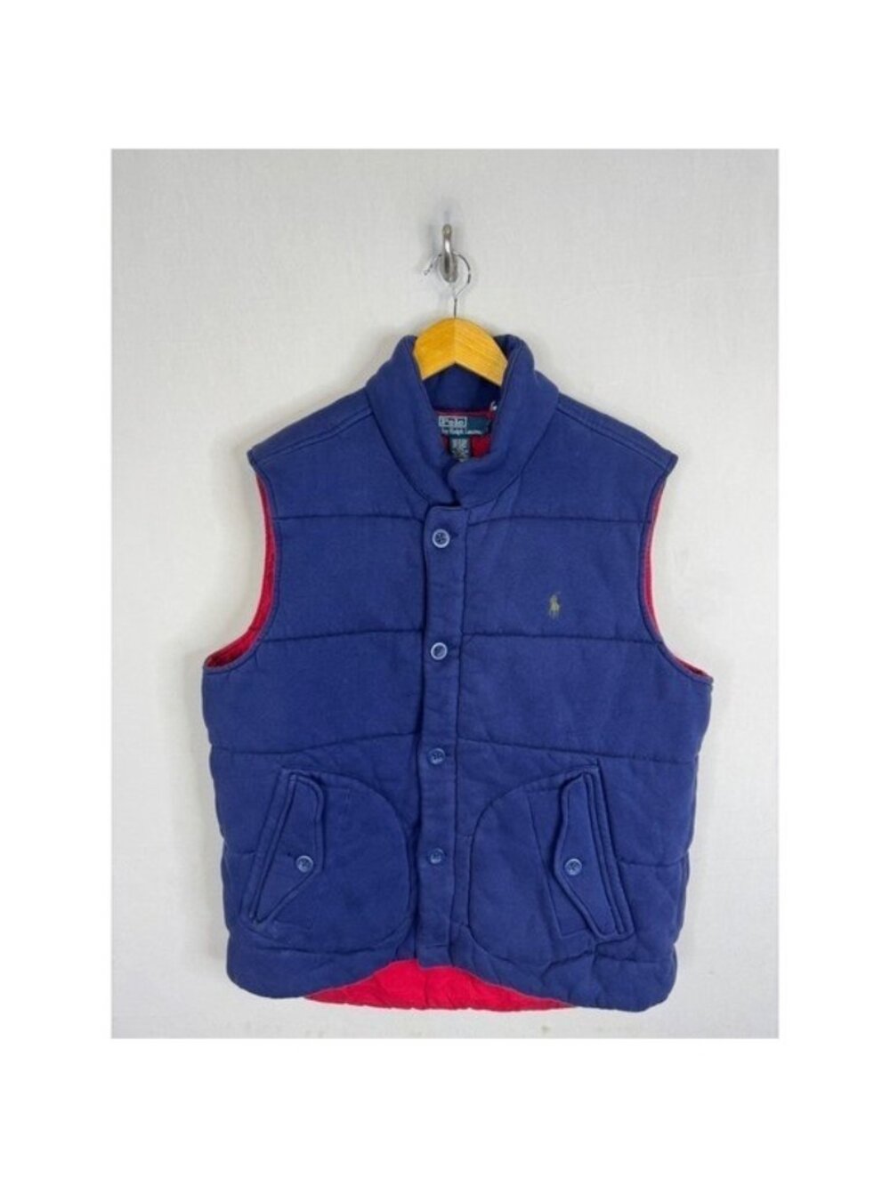 Vintage Polo Ralph Lauren Mens Puffer Vest Navy Blue Red Quilted Jersey XL